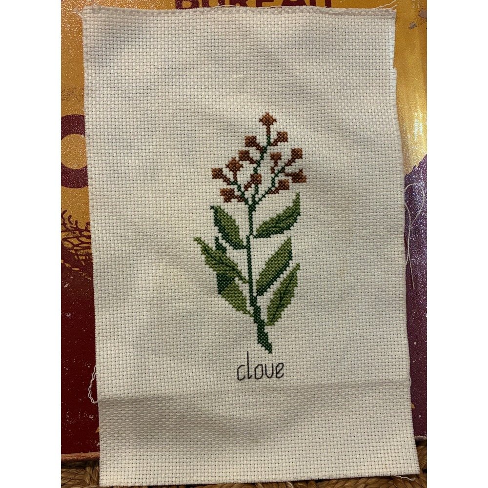 Handmade Clove Herb Cross Stitch Botanical Needlework on Aida Cloth Unframed